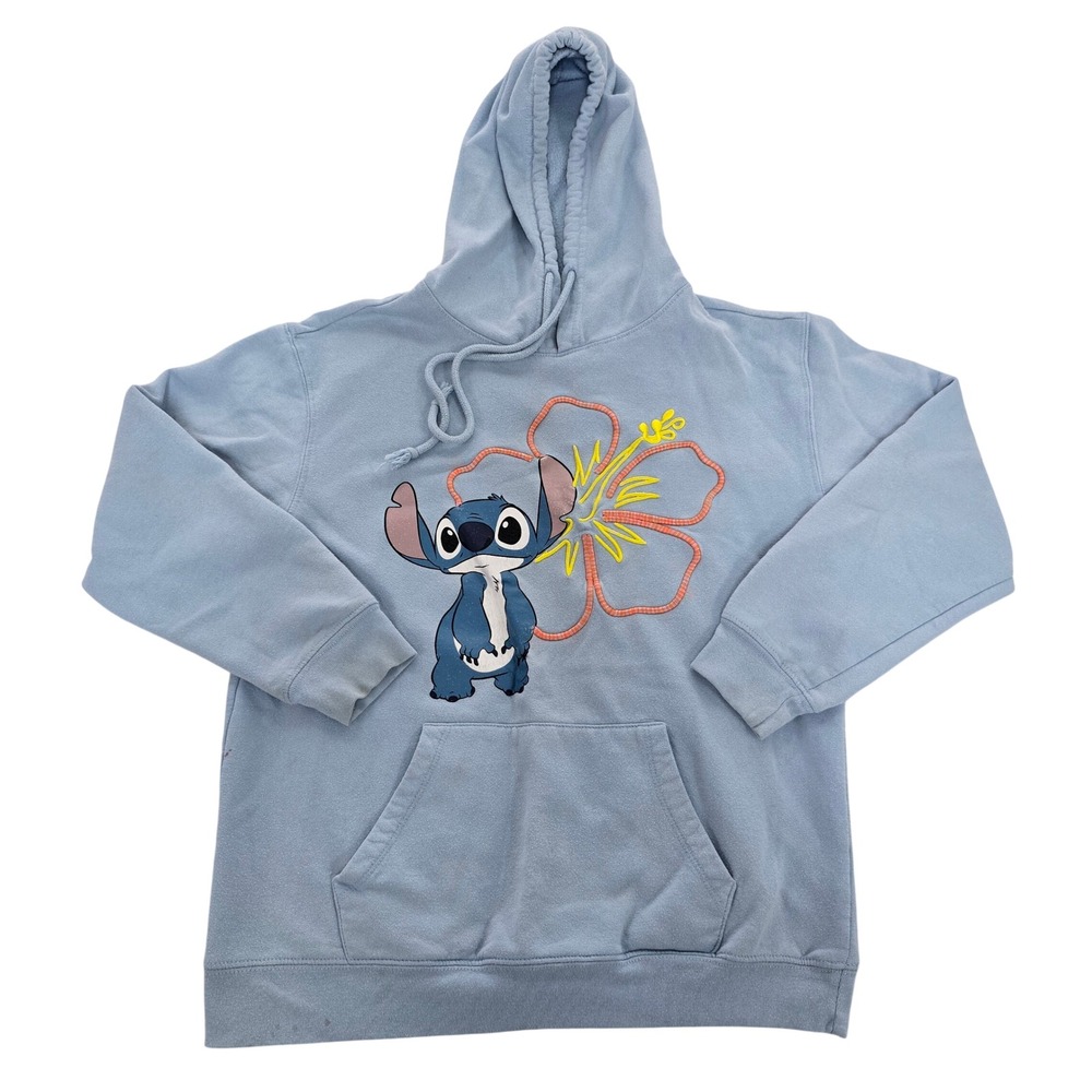 Disney Stitch Light Blue Hibiscus Embroidered Pullover Hoodie Womens Medium